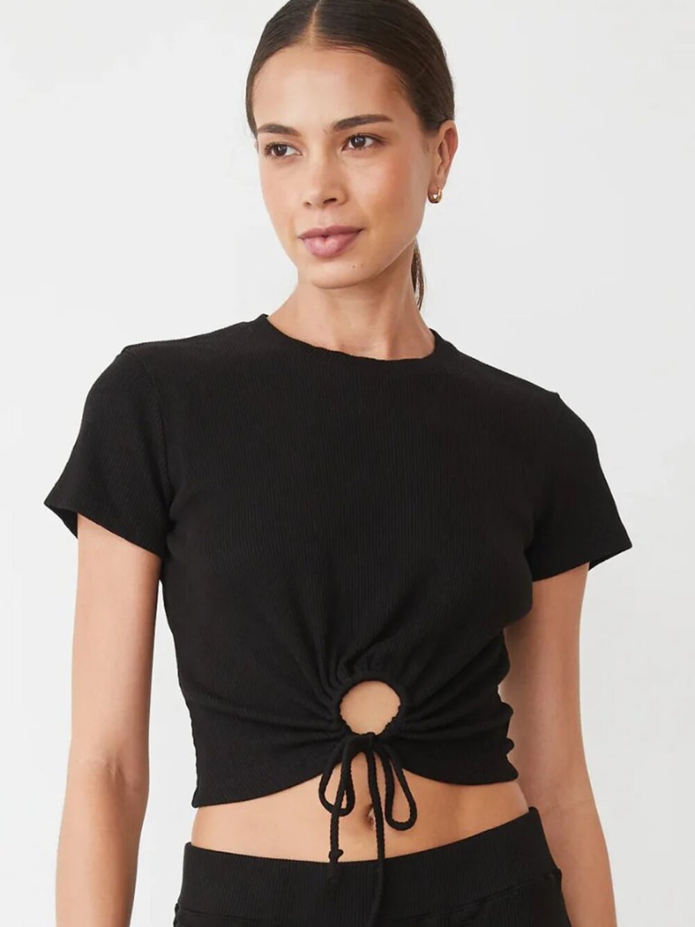 NWT Monrow Black Ribbed Keyhole Tie Back Crop Top S